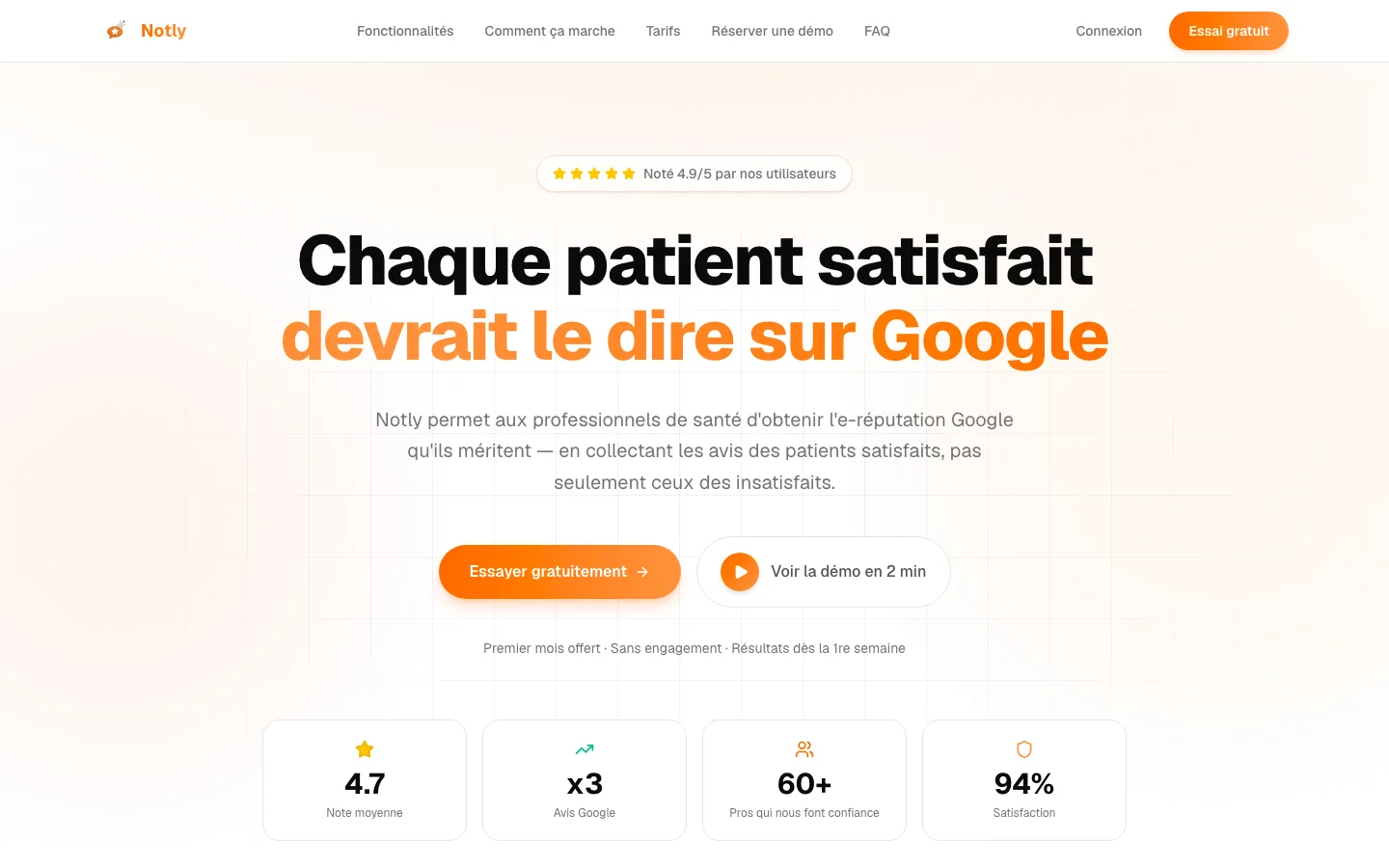 Interface de Notly : collecte automatisée d'avis Google pour les professionnels de santé.