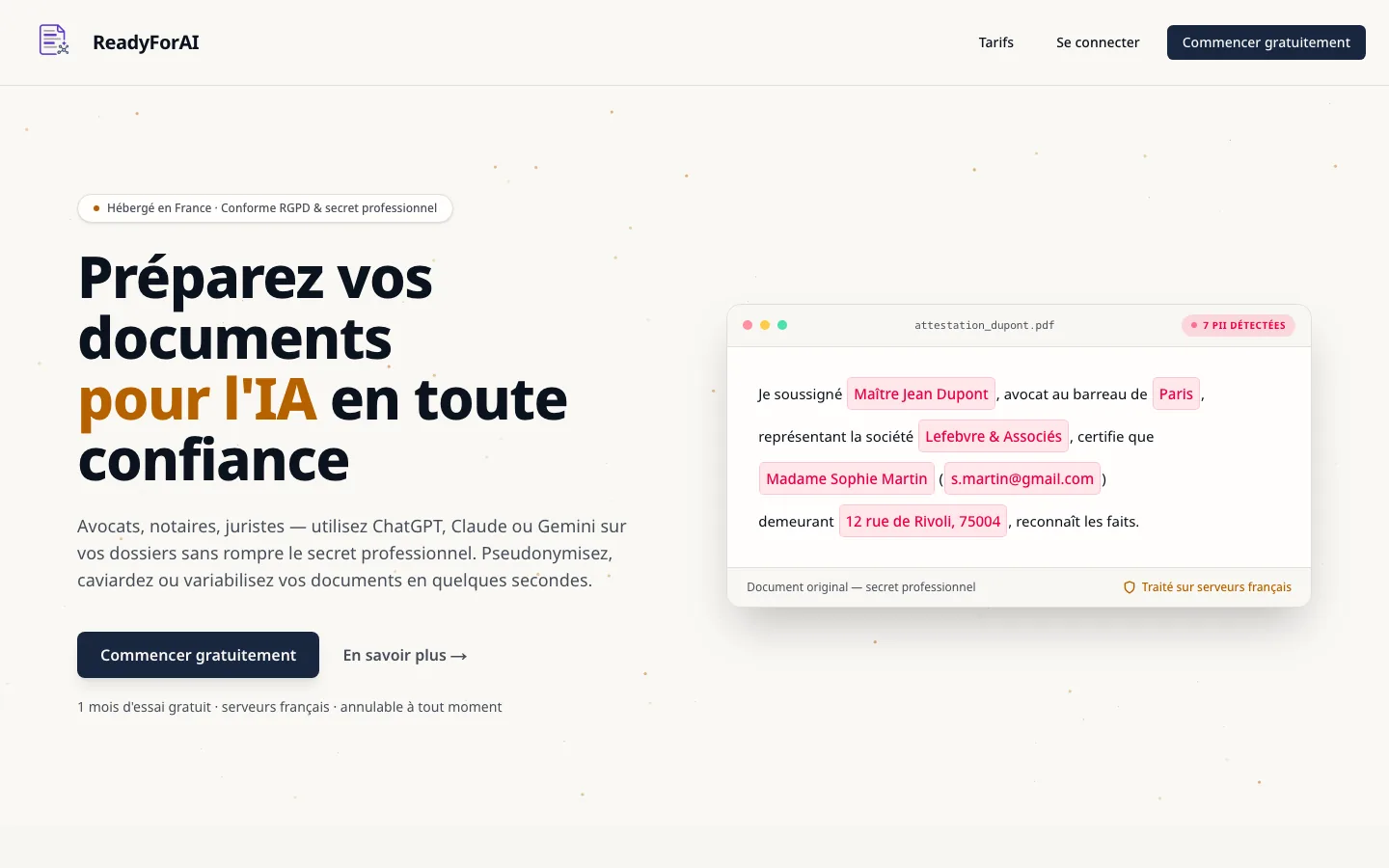 Interface de ReadyForAI : anonymisation de documents sensibles pour professions réglementées.